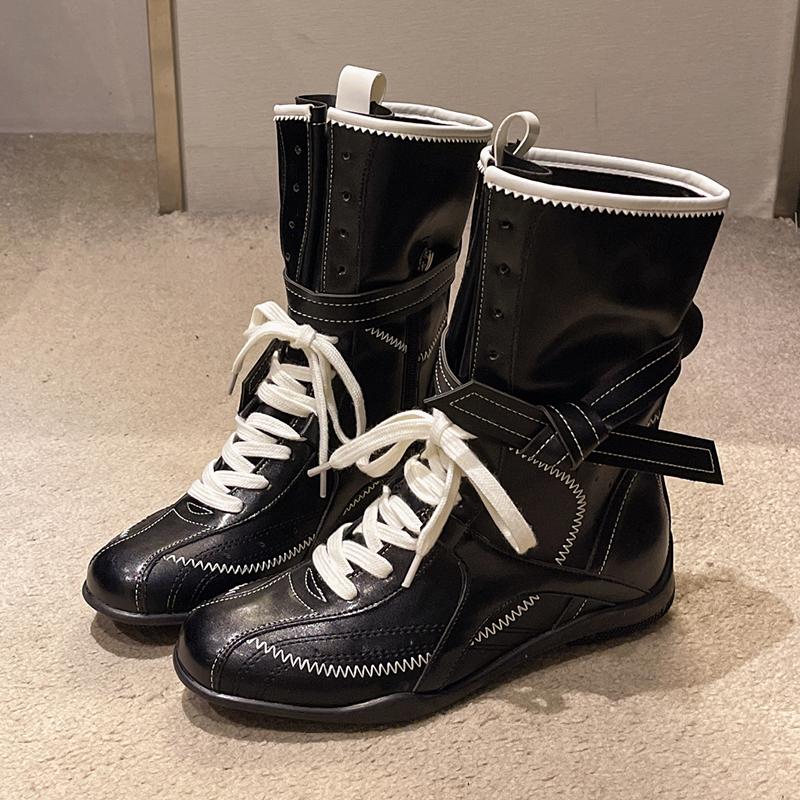 Fashion Fashion Lace Up Mid Calf Boots Women Y2K Gothic Low Heels Motorcycles Boots Woman Pu Leather Patchwork Punk Riding Botas Mujer