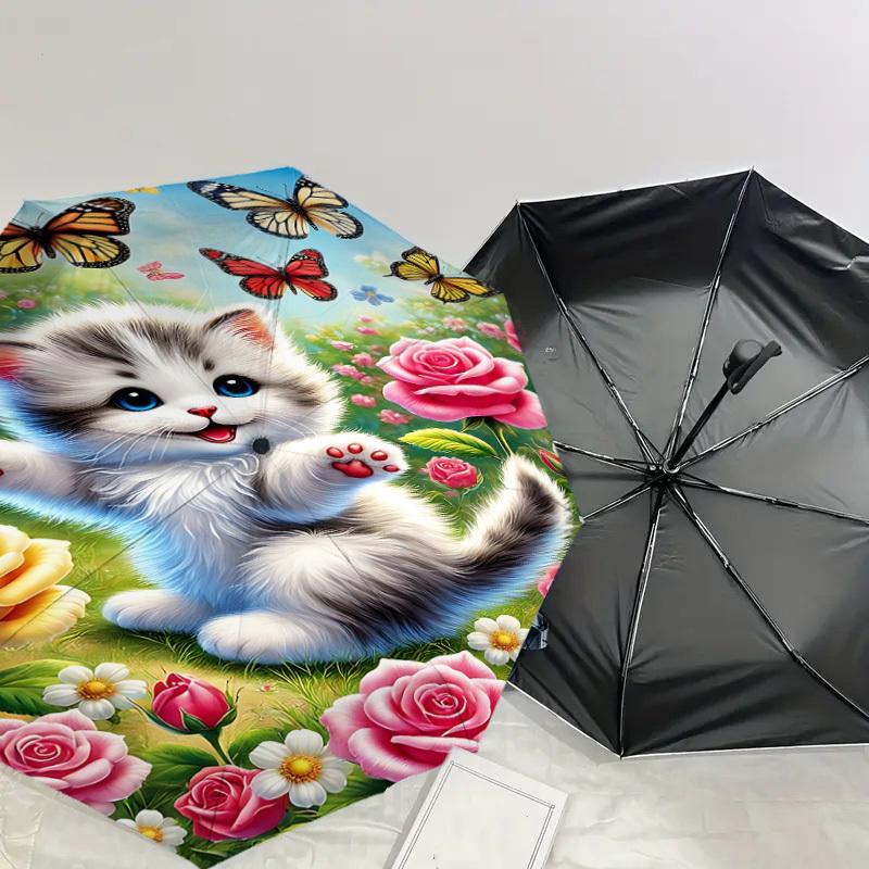 1PC cat flowers Automatic Open/Close Umbrella with Windproof, 8-Rib Sturdy Canopy, Durable Ribs, Fashionable Design, Outdoor Accessory, Fun Prin, Holi