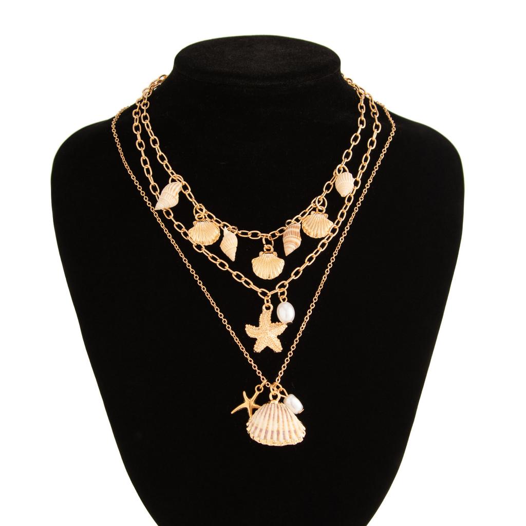 3Pcs/Set Vintage Starfish Conch Pendant Necklace Women Bohemia Multilayer Gold Color Chain Jewelry Accessories