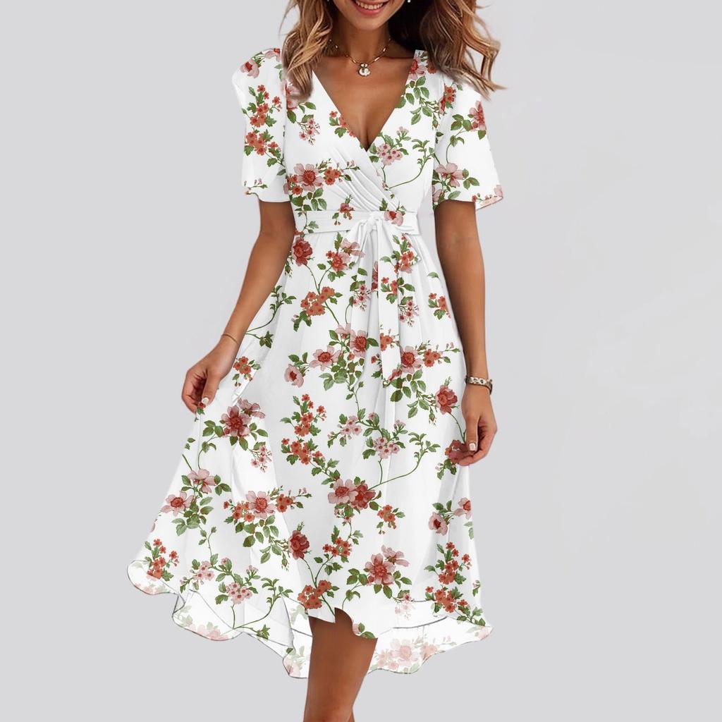 Women's Fashion Casual V Neck Short Sleeve Ruffled Vintage Printed Dresses