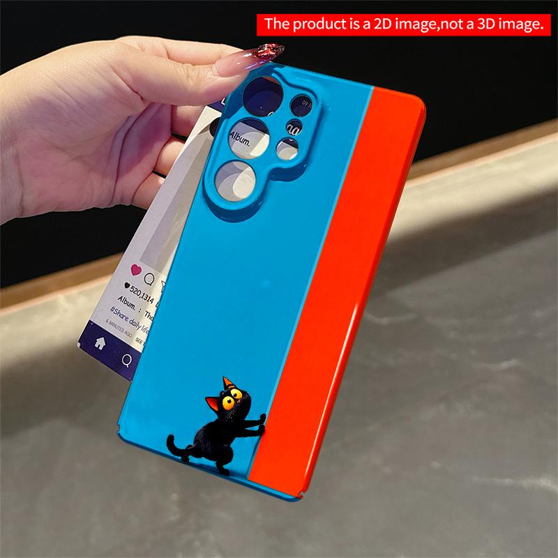 2DFlat Samsung phone case Black Cat Peeking at Blue-Orange Wall Applicable to Galaxy S23 S24 S25ULTRA S26 A12 A14 A15 A16 A54 A55