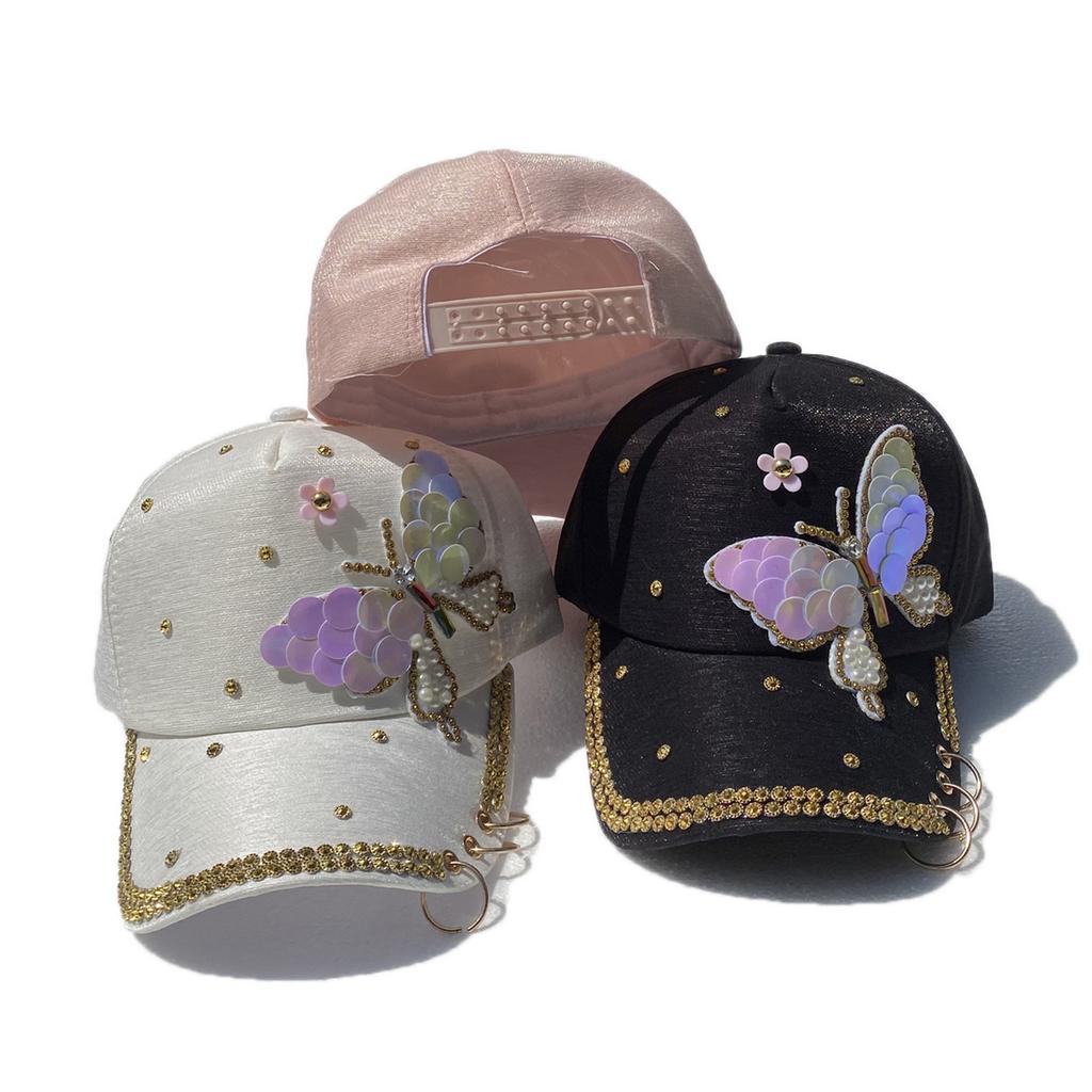 Fashion Ladies Bling Sequin Butterfly Baseball Cap, Rhinestone Trim Metal Ring Decor Adjustable Sun‑Protection Peaked Hat for Daily Party Street