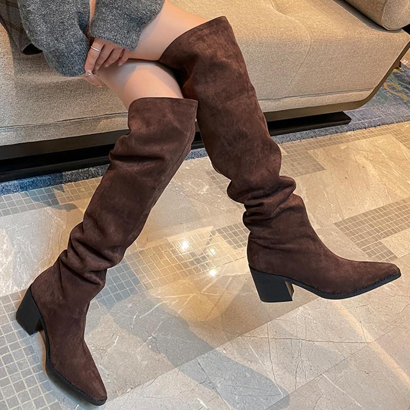 Fashion Designer Vintage Women Knee High Boots Fashion Slip On Long Booties Autumn Winter Thick Heels Ladies Shoes