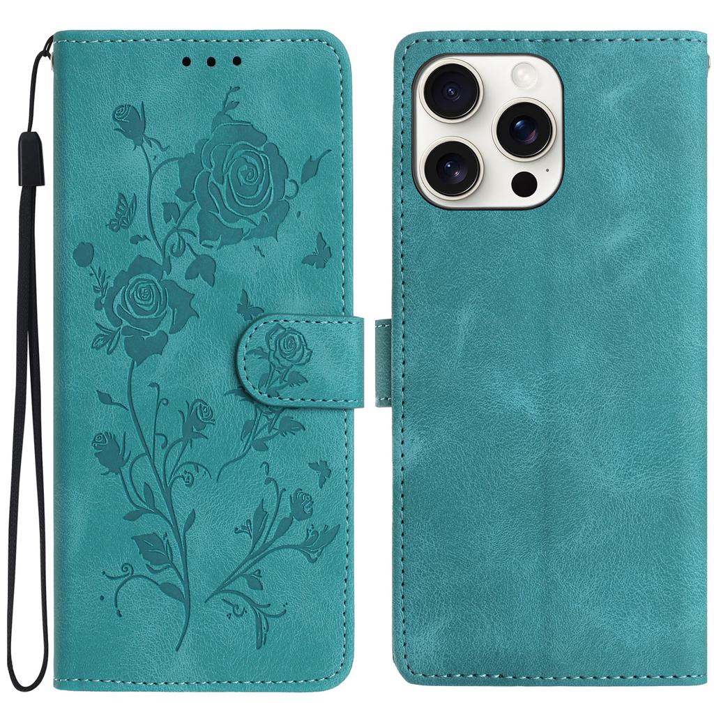 For iPhone 16 Pro Max Wallet Case Rose Pattern Imprinted Leather Flip Stand Phone Cover