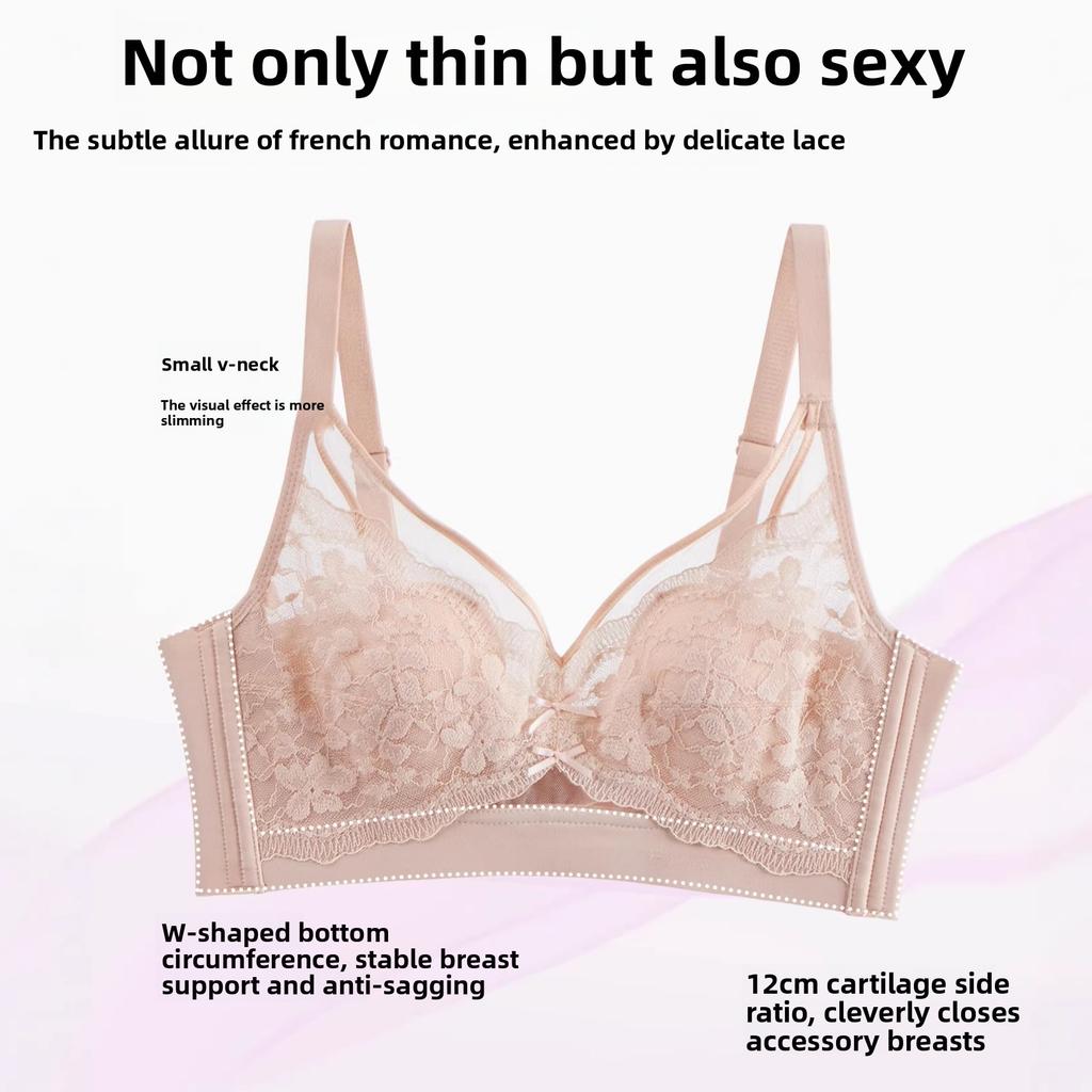 French Lace Rabbit Ear Cup Wireless Bra, Ultra-Thin Summer Bust Minimizer Side Gathering Women Bra