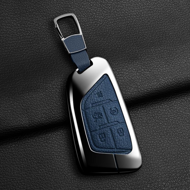 Zinc Alloy + Leather 5 Buttons Car Key Case Cover Fob Holder Shell For Cadillac CT4 CT5 CT4-V C8 Corvette Escalade