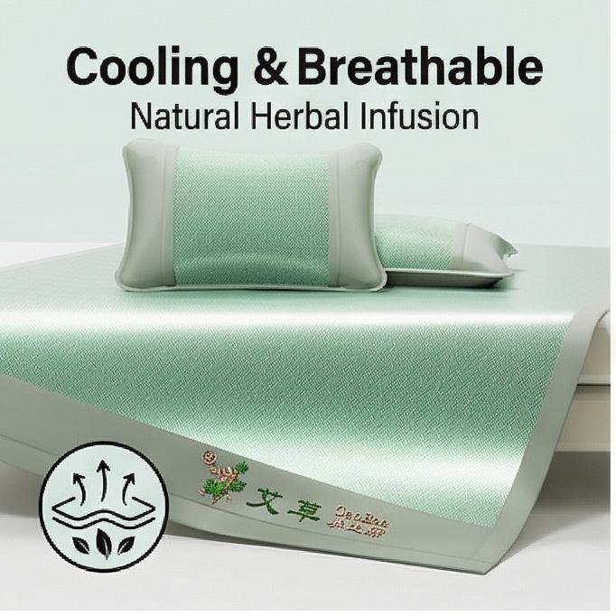 Wormwood Ice Silk Cooling Mat Set, Fitted/Flat Sheet, 2/3-Piece Mattress Protector for Summer Air-Conditioned Rooms