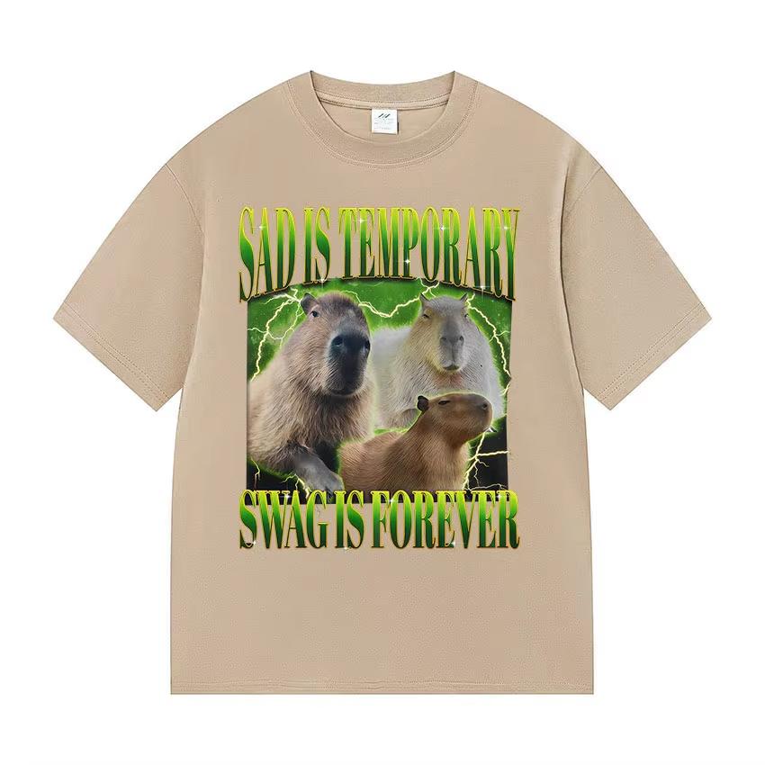 Sad Is Temporary Swag Is Forever Graphic TShirt Funny Capybara Short Sleeve TShirt Casual Oversized Tops Tshirts Women Clothing