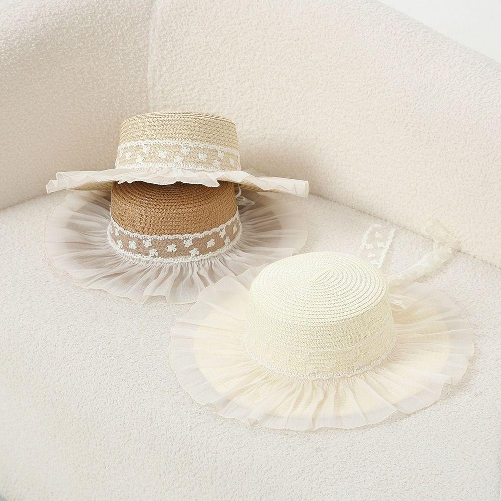Lace Flower Straw Hat Breathable Material Solid Fringe Beach Straw Hat Extended Brim Elegant Style Wide Brim Sun Hat
