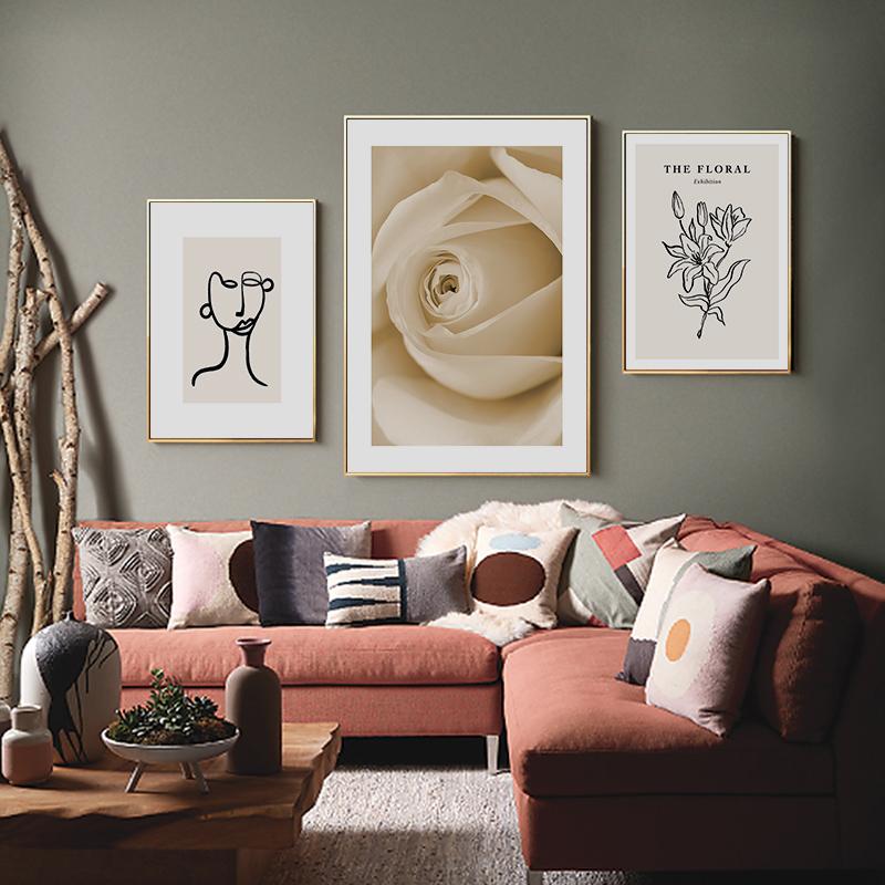 Beige Flowers Beauty Line Drawing Leaves Retro Wall Art Canvas Painting Nordic Posters And Prints Pictures for Living Room Decor