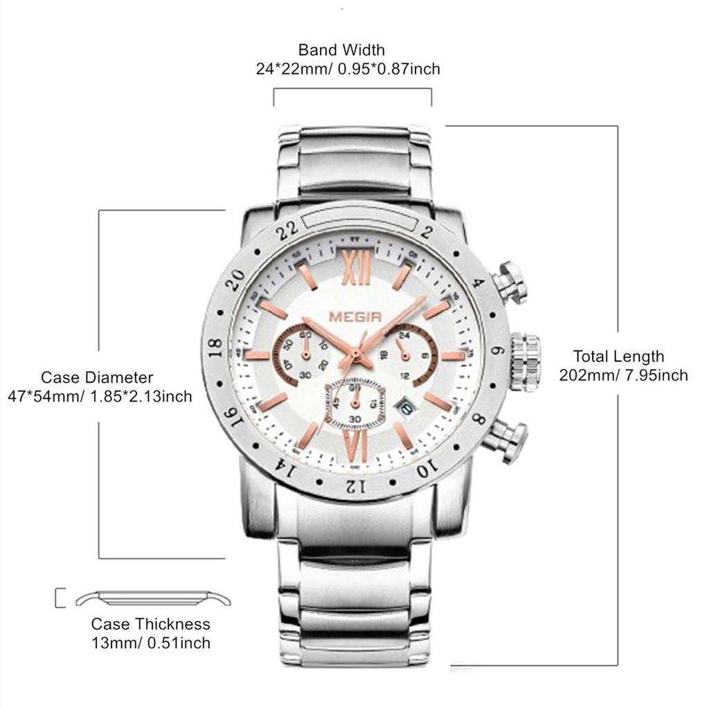 Megir Original Quartz Men Watch Stainless Steel Business Wrist Watches Clock Men Big Dial Waterproof Luminous Relogio Masculino