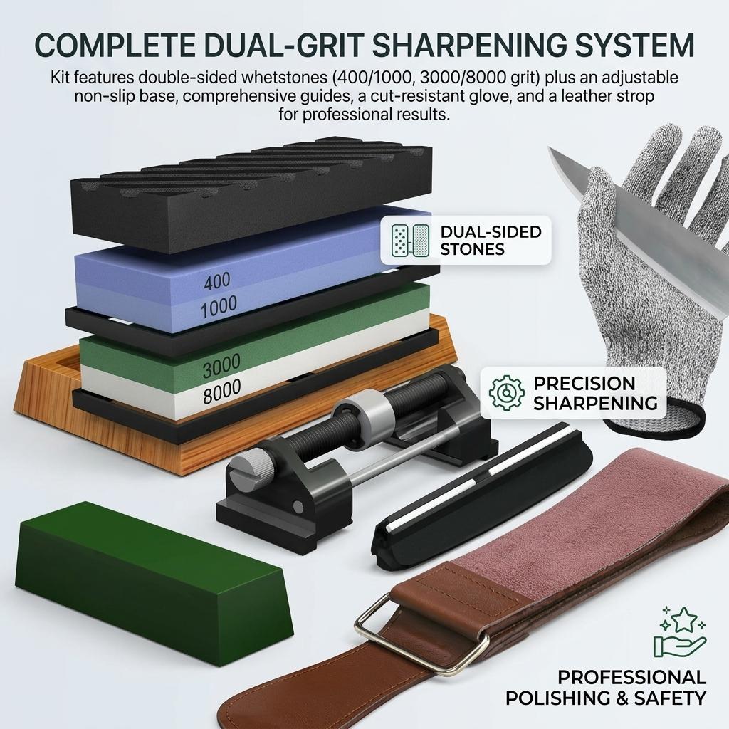 Professional Whetstone Double Sided Sharpening Stone Set for Kitchen Knives Scissors Outdoor Tools Durable Non Slip Base