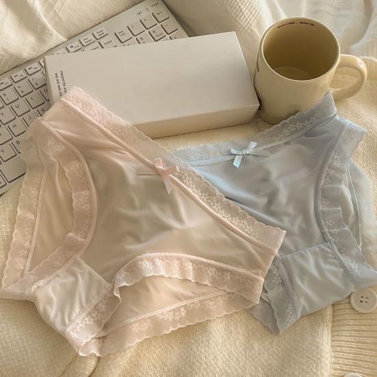 Women Panties Seamless Lace Bow Decor Soft Solid Color Elastic Thin High Waist Quick-drying Breathable Anti-septic Lady Underpants Briefs