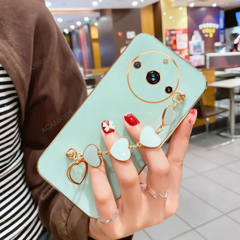 Realme12 Realme13 Realme14 Роскошный чехол-цепочка с сердечком и покрытием для Oppo Realme 14 13 12 Pro Plus Мягкая задняя крышка