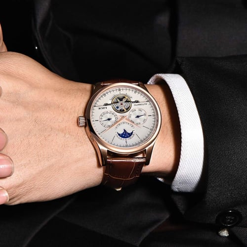 Gosasa Men's Brown Genuine Leather Tourbillon Automatic Watch, Brown, Mechanical, Automatic Watch.