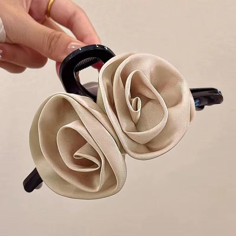 French Big Double Rose Flower Hair Claw Clips for Women Girls Vintage Satin Solid Fabric Handmade Shark Hairgrip Accessories
