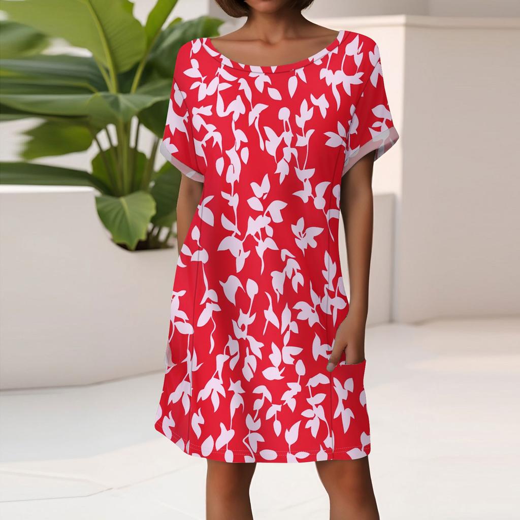 Women's Fashion Short Sleeve Dress With Pockets Floral Print Casual Beach Dress