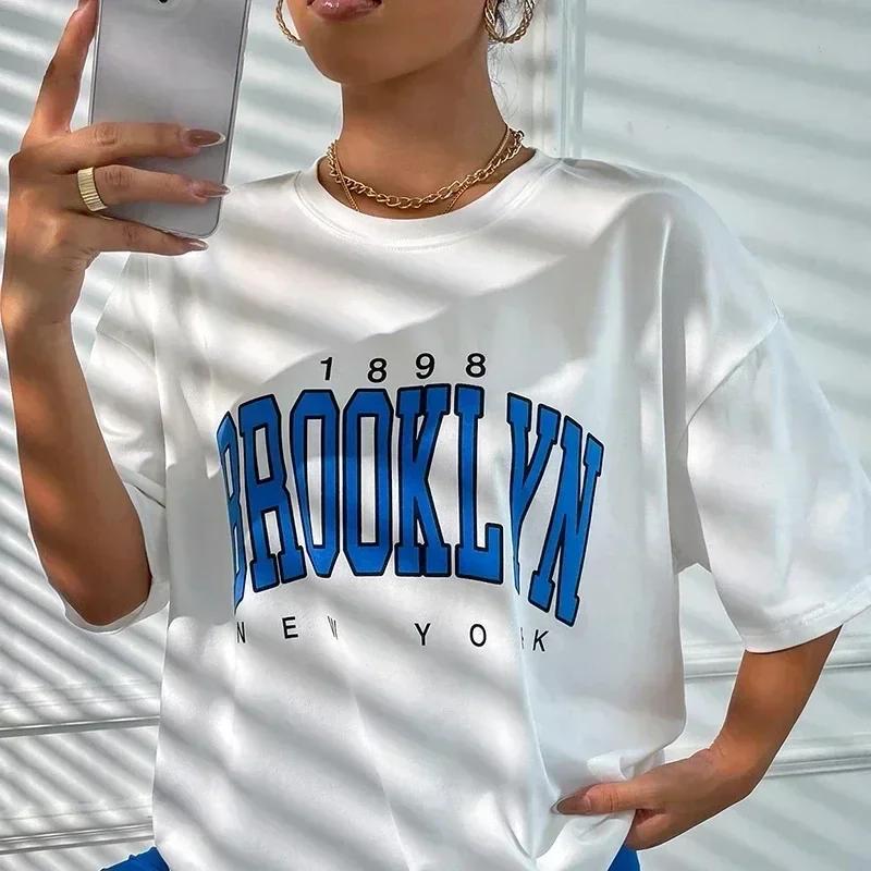 Летний женский комплект с коротким рукавом Harajuku футболка Brooklyn Letter Print с коротким рукавом спортивные футболки Y2k 1898 Brooklyn Clothing
