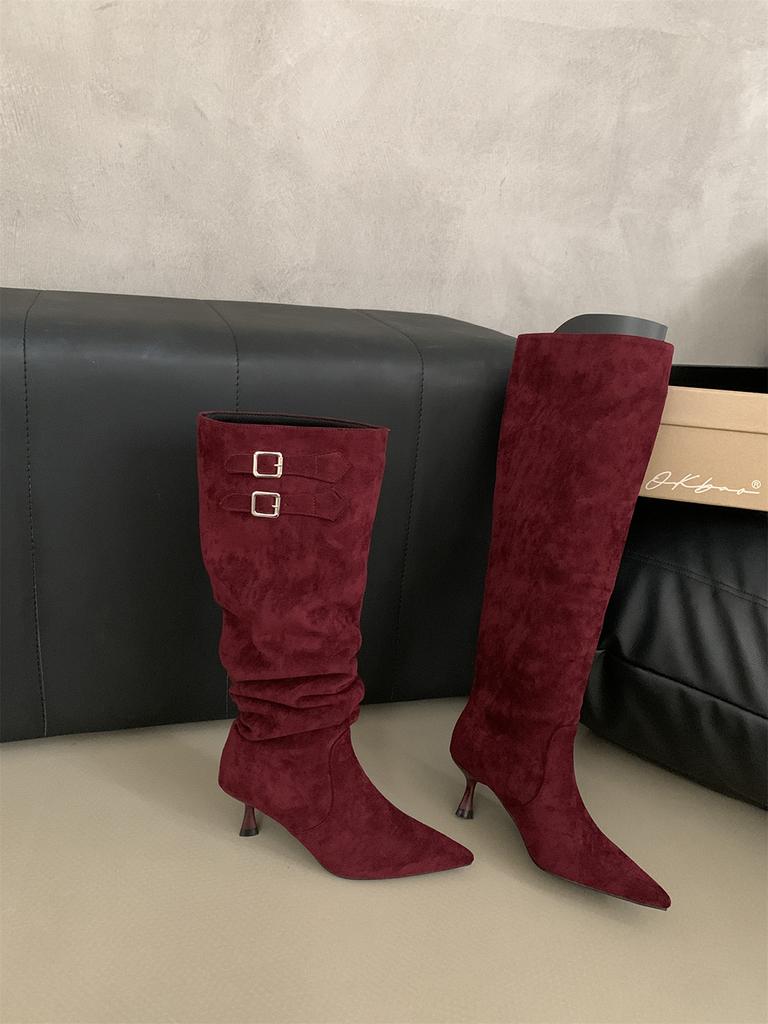 Мода остроносые женские ботинки челси высокие сапоги до колена замшевые зимние туфли-лодочки для вечеринок сапоги на тонком каблуке модные туфли для женщин