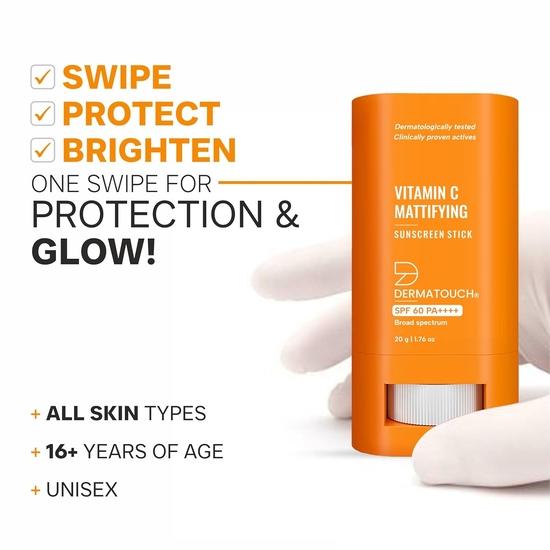DERMATOUCH Vitamin C Mattifying Sunscreen Stick | SPF 60 PA++++ | Для осветления | Легкий солнцезащитный крем без белого оттенка для всех типов кожи - 20 г