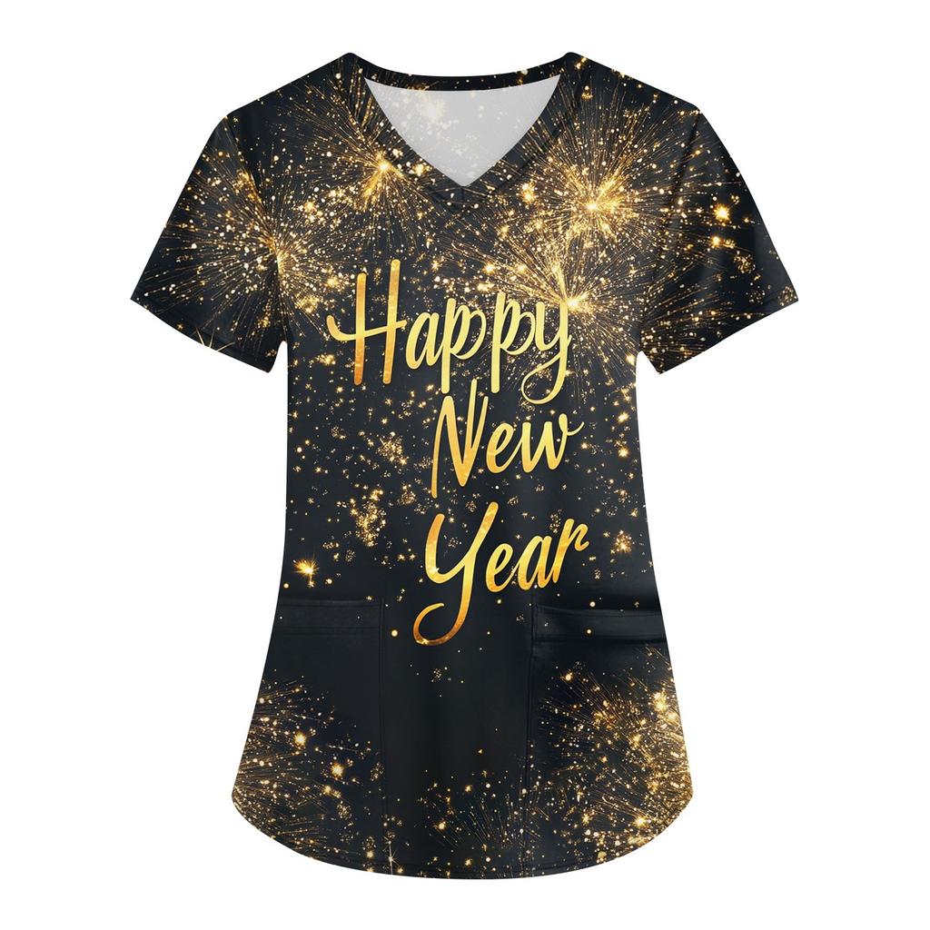 Women's Fashion V-neck Short Sleeve Workwear With Pockets  Printed Tops