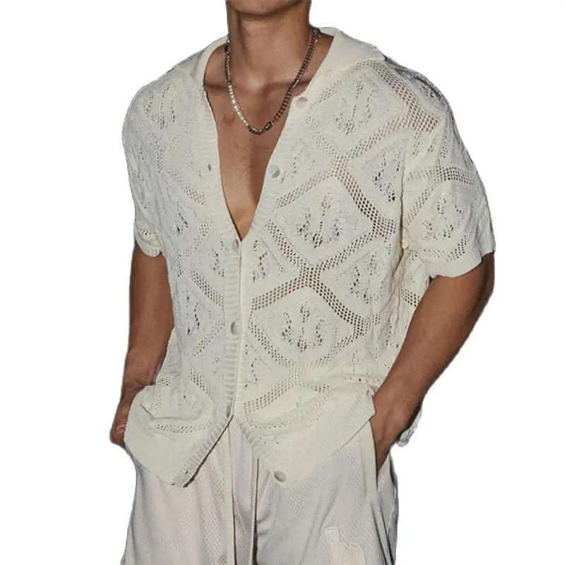 Мужская ажурная трикотажная рубашка, винтажные дышащие трикотажные рубашки, мужские летние стильные однотонные топы с коротким рукавом
