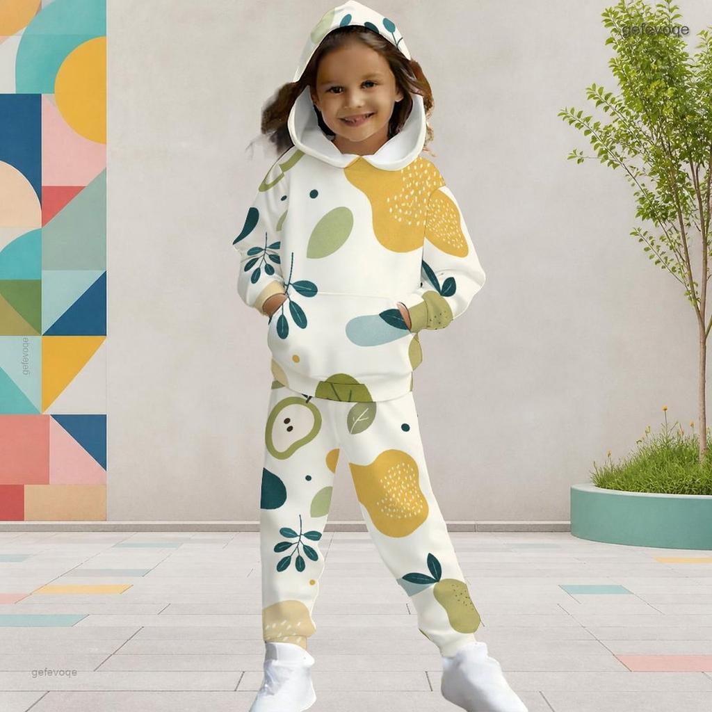 Girls Hooded Long Sleeve Fruit Leaf Printed Tracksuit Kangaroo Pocket Cuffed Pants Two Piece Set