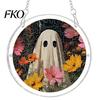 Clear Acrylic Halloween Hanging Suncatcher Jigsaw Puzzle Set, Spooky Ghost Floral Meadow Window Ornament with Metal Stained Glass Frame &