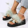 Модные летние шлепанцы с бантом для женщин, повседневные, с меховой отделкой, на танкетке, шлепанцы, женские, для ежедневной носки, износостойкие, с мягкой подошвой, слайды