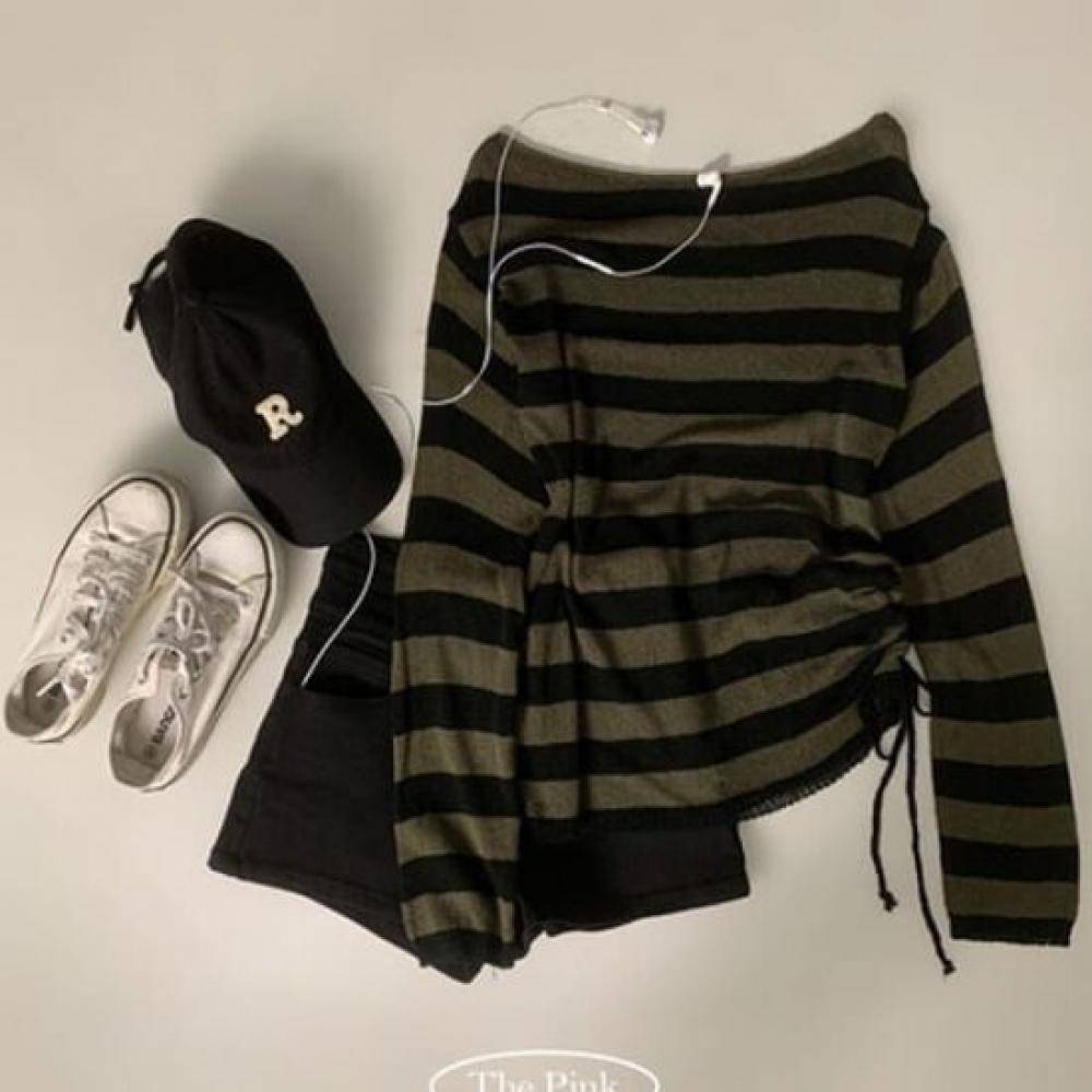 The Pink Women BoaT Neck STripe Side Shirring STrap KniT Long Sleeve T