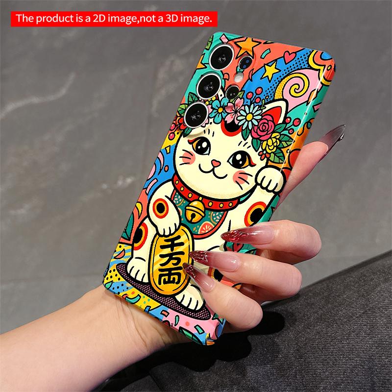 2DFlat Samsung phone case Colorful Lucky Cat with Floral Crown Phone Case Applicable to Galaxy S22 S23 S24 S25ULTRA S26 A12 A13 A14 A15 A16