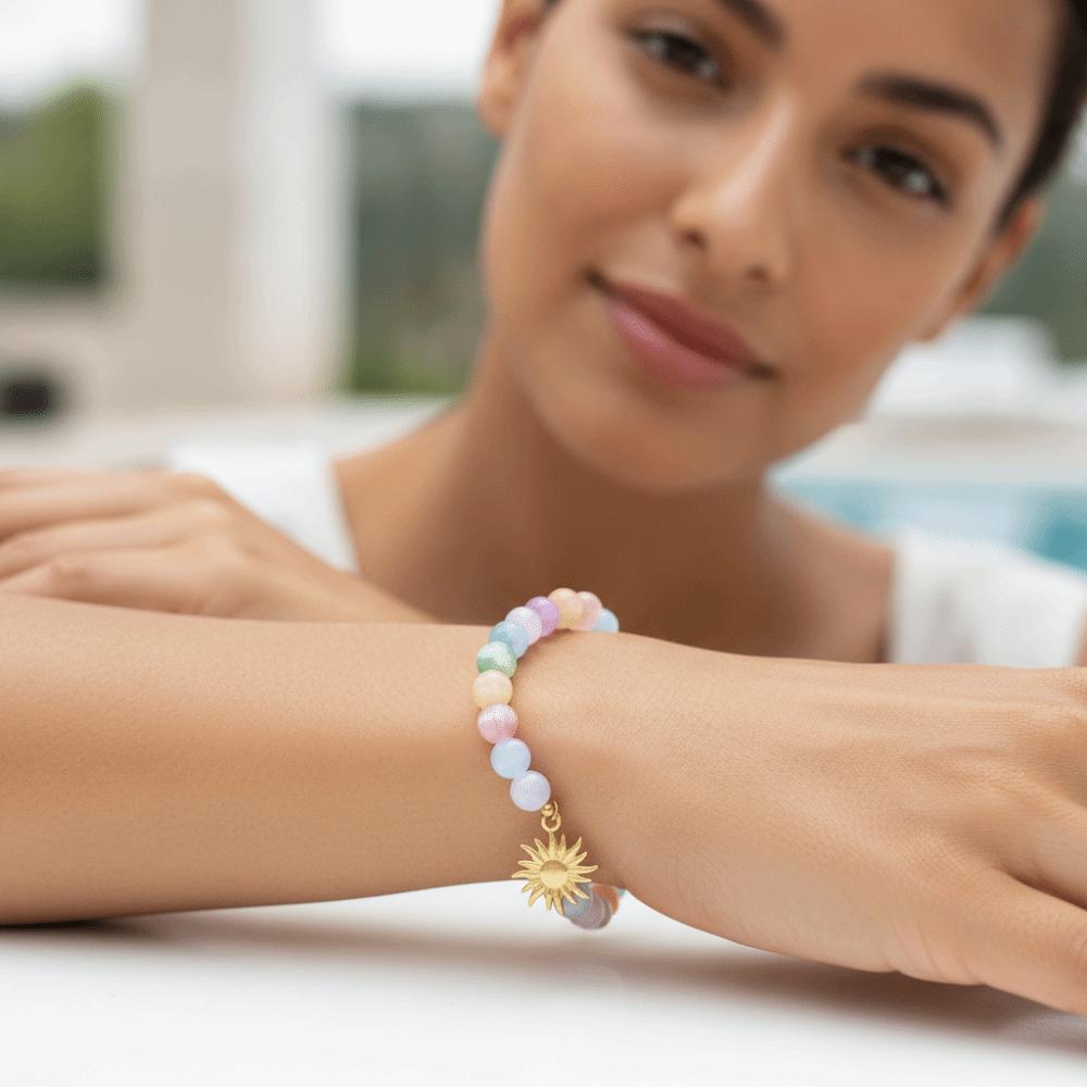 Gold Plated Sun Pendant Necklace Color Changing Cat Eye Choker Beaded Bracelet Set Photoshoot