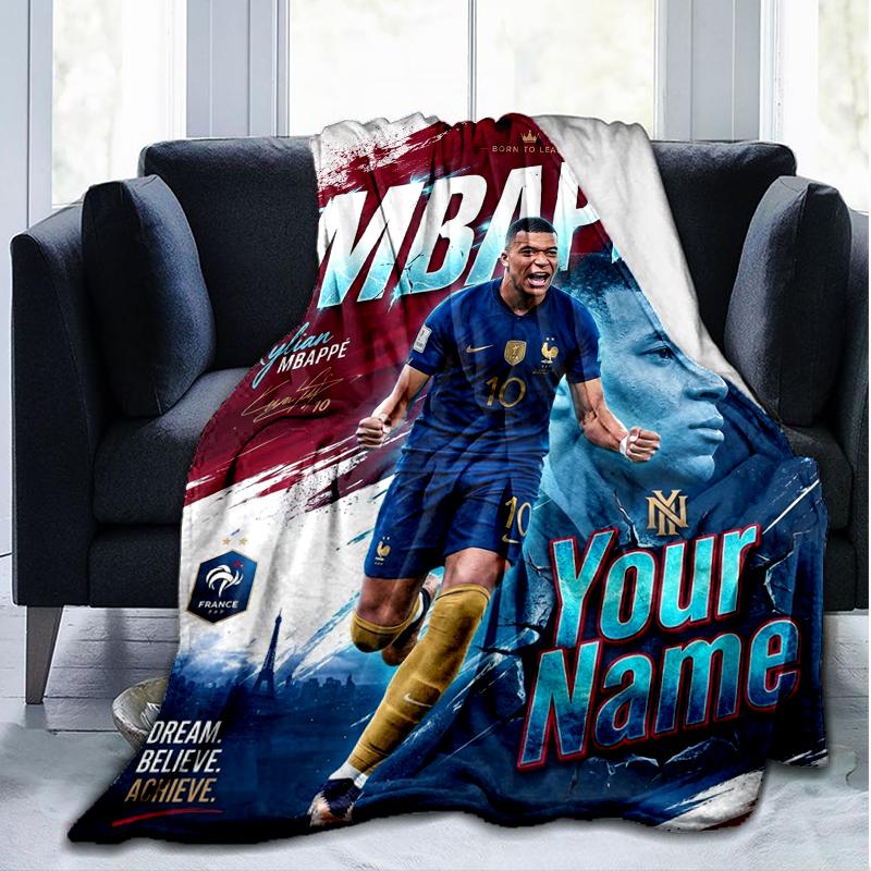 Custom Name Soccer star dynamic pose Flannel Fleece Blanket Cozy Warm Throw Blanket For Couch Bed Travel All Season Use