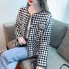 Xiaoxiangfeng Houndstooth Short Coat for Women Spring and Autumn New Style Small Style Long-sleeved Woolen Top