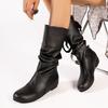 Women's Slouchy Mid Calf Western Boots Faux Leather Riding Boots Wide Calf Pull On Flat Boots for Women Round Toe Fall Winter Booties Shoes