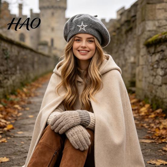 Rhinestone Star Hat Women Knitted Beret for Fall Winter, French Style Artist Winter Cap with Star, Stretchy Solid Color Knitting Decorative