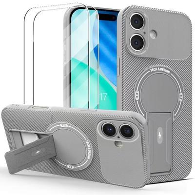 Защитный чехол - BOOLING - для iPhone 17 - с подставкой и магнитным кольцом Серый - 2 закаленных стекла