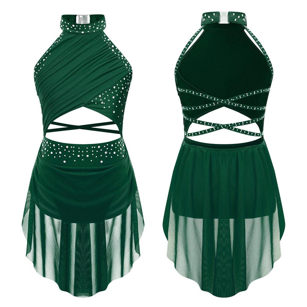 Kids Girls Lyrical Dance Performance Costume Figure Skating Ballet Gymnastics Leotard Dress Sleeveless Rhinestone Dancewear