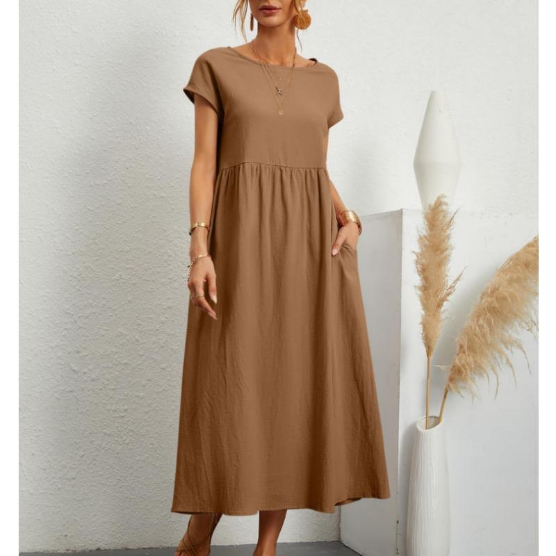 YYFS Женская мода лето весна однотонный принт с коротким рукавом и круглым вырезом свободная талия повседневные платья