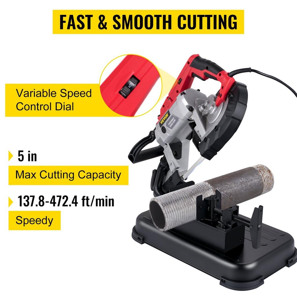 Portable Band Saw, with Removable Alloy Steel Base Cordless Band Saw, 5 Inch Cutting Capacity Hand held Band Saw,Variable Speed Portable Bandsaw,