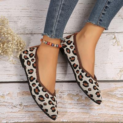 2024 Вязаные женские туфли-лодочки Дышащие Леопардовый принт Сетка Заостренный носок Плоская подошва Повседневная женская обувь для ходьбы