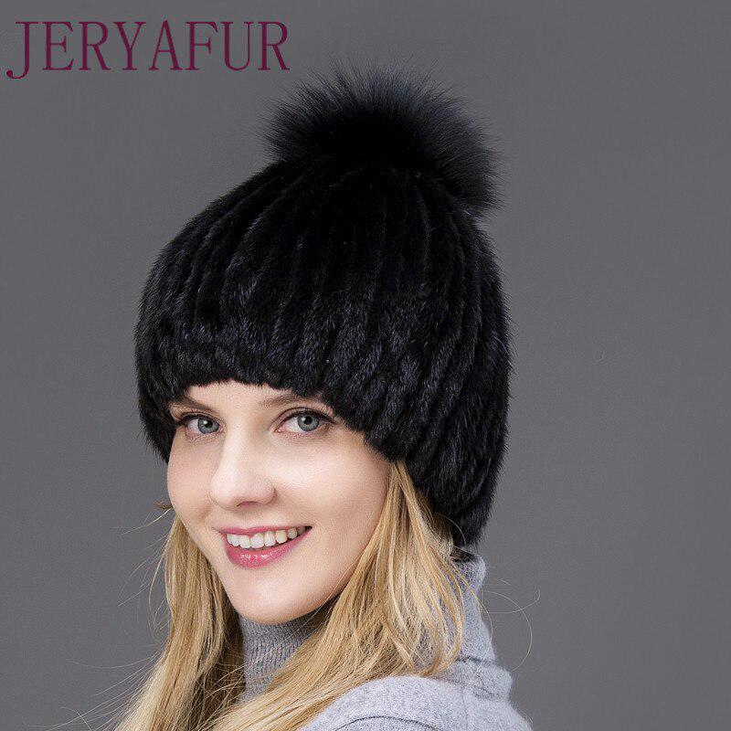 JERYAFUR Модная зимняя шапка, теплая женская вязаная шапка, норковая шапка с вертикальным тканым лисьим помпоном, лыжная шапка