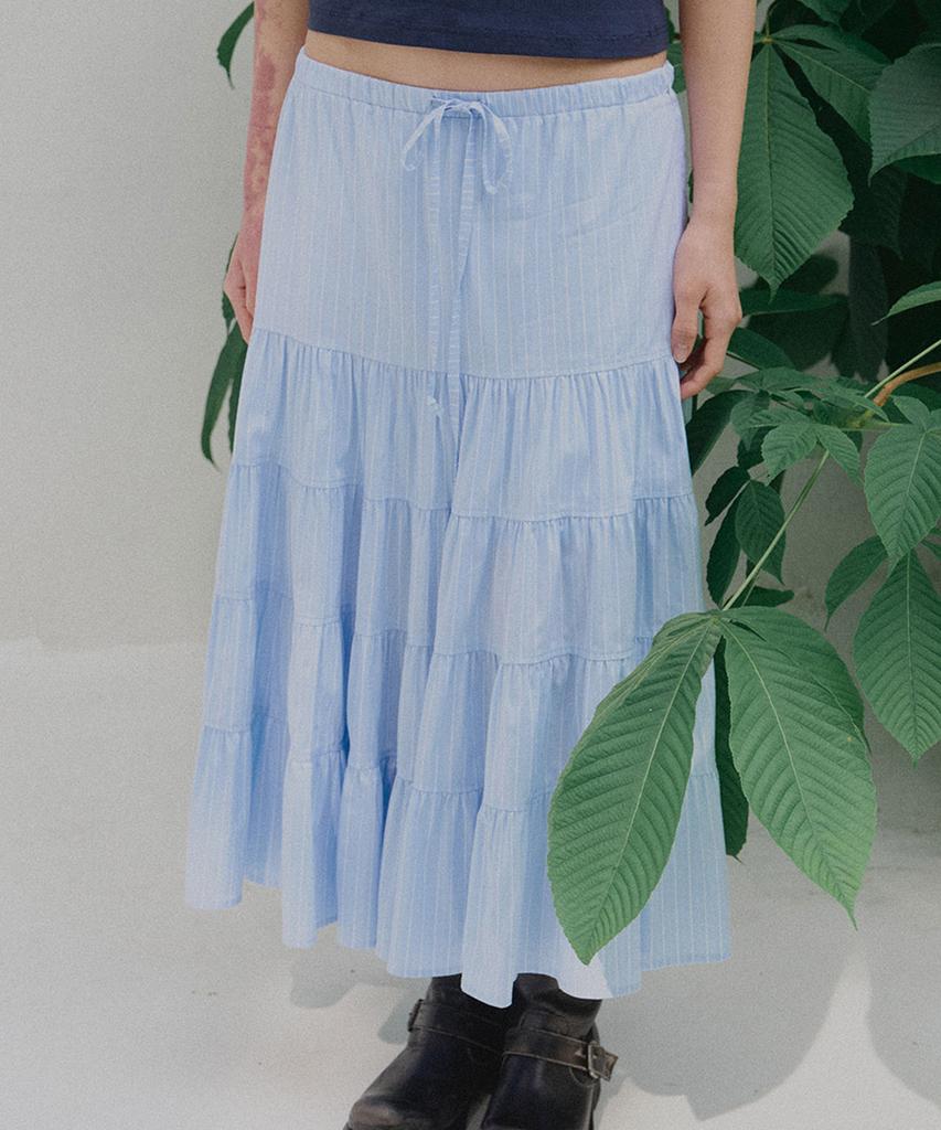 Ridge Shirred Long Tiered Skirt (Sky Blue)