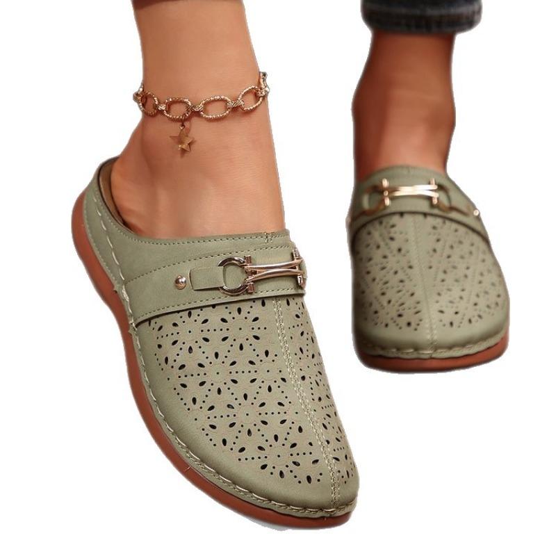 Fashionable Womens Thicksoled Halfslipper Wedge Heel Breathable Hollowedout Largehead Retro Shoes