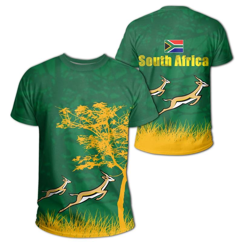 3D South African Map Flag Springbok Pattern Printed T-shirts Casual Short Sleeved Men's T-shirts - Medium Stretch Fabric Summer Relaxed Fit Clothing