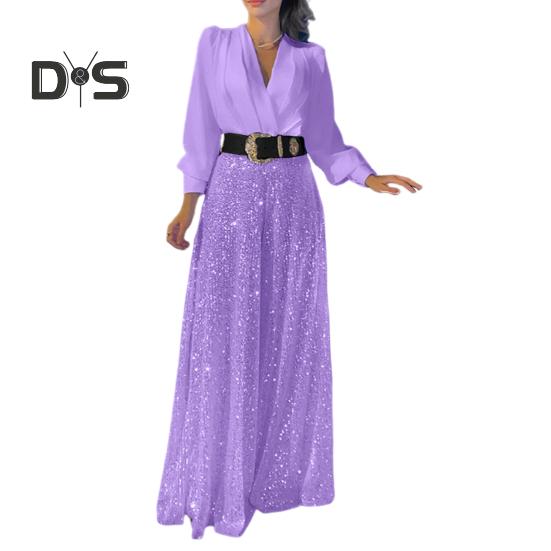Women Jumpsuit Wide Leg Shiny Sequin Deep V Neck Long Lantern Sleeve Tight High Waist with Belt Solid Color Prom Cocktail Party Wedding Fake Dress