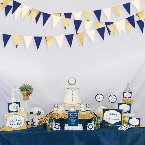 30Ft Navy Blue Gold and Beige Party Decorations Royal Blue Gold Triangle Flag Pennant Banner Bunting for Graduation Birthday Wedding Bridal Shower