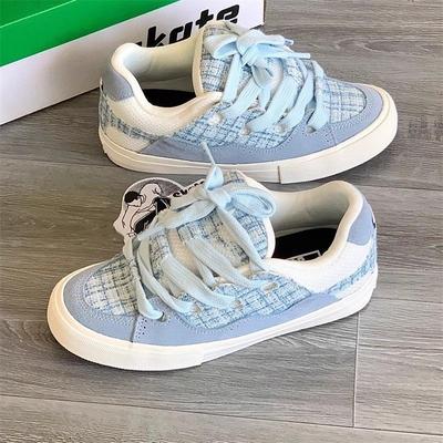 Оригинальные светло-голубые клетчатые туфли-хлебцы женские, дизайн высокой ценности, повседневная обувь, классические универсальные кеды