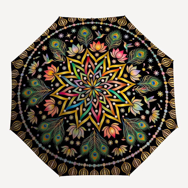 1pc Mandala, Peacock Feathers, Lotus Flowers Umbrella with Plastic Handle,Compact & Stylish,Suitable for All Seasons YS331061