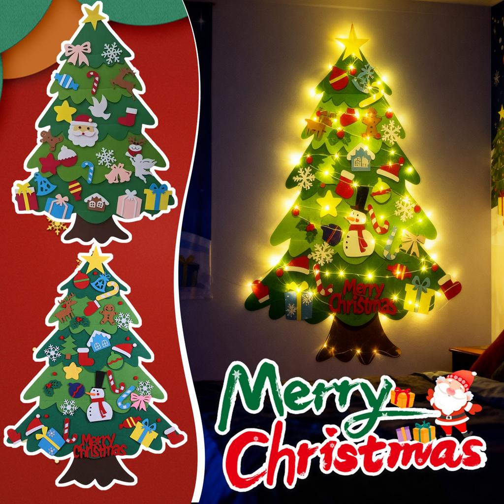 Felts Christmas Tree For Toddlers, Christmas Tree Felts With Lights, Ideal DIY Felts Christmas Tree Set,Random Stickers,Three-dimensional Decoration